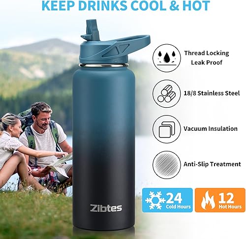Miniatura 3 de Zibtes Botella de agua aislada de 40 onzas con popote, 3 tapas (tapa abatible, boquilla y asa), botella de agua deportiva de acero inoxidable a