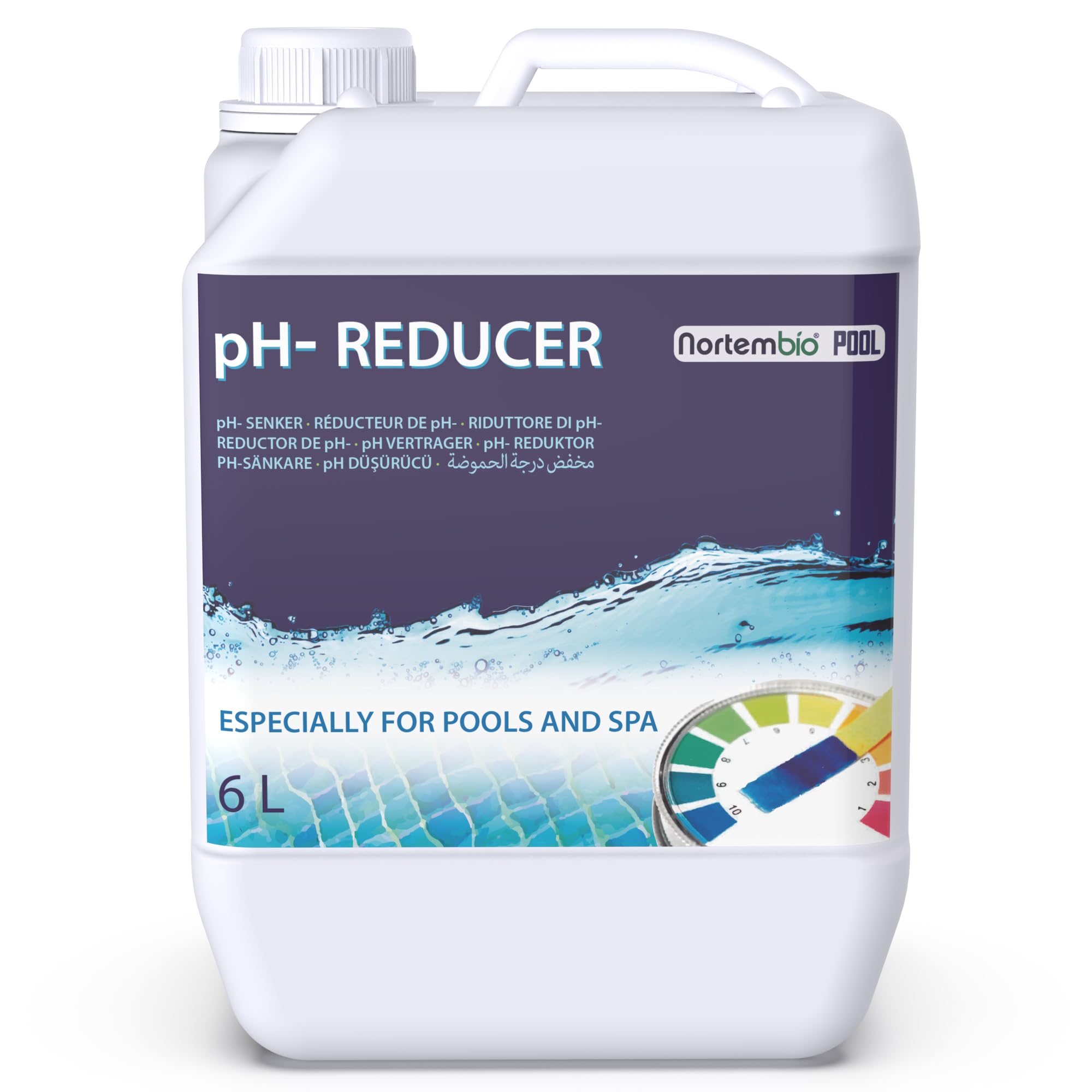 Nortembio pH- Minus Liquide Réducteur de pH pour Piscines et Spa, Régulateur de l’Équilibre de l’Eau, Améliore l’Efficacité du Chlore, Entretien Professionnel (6 L)