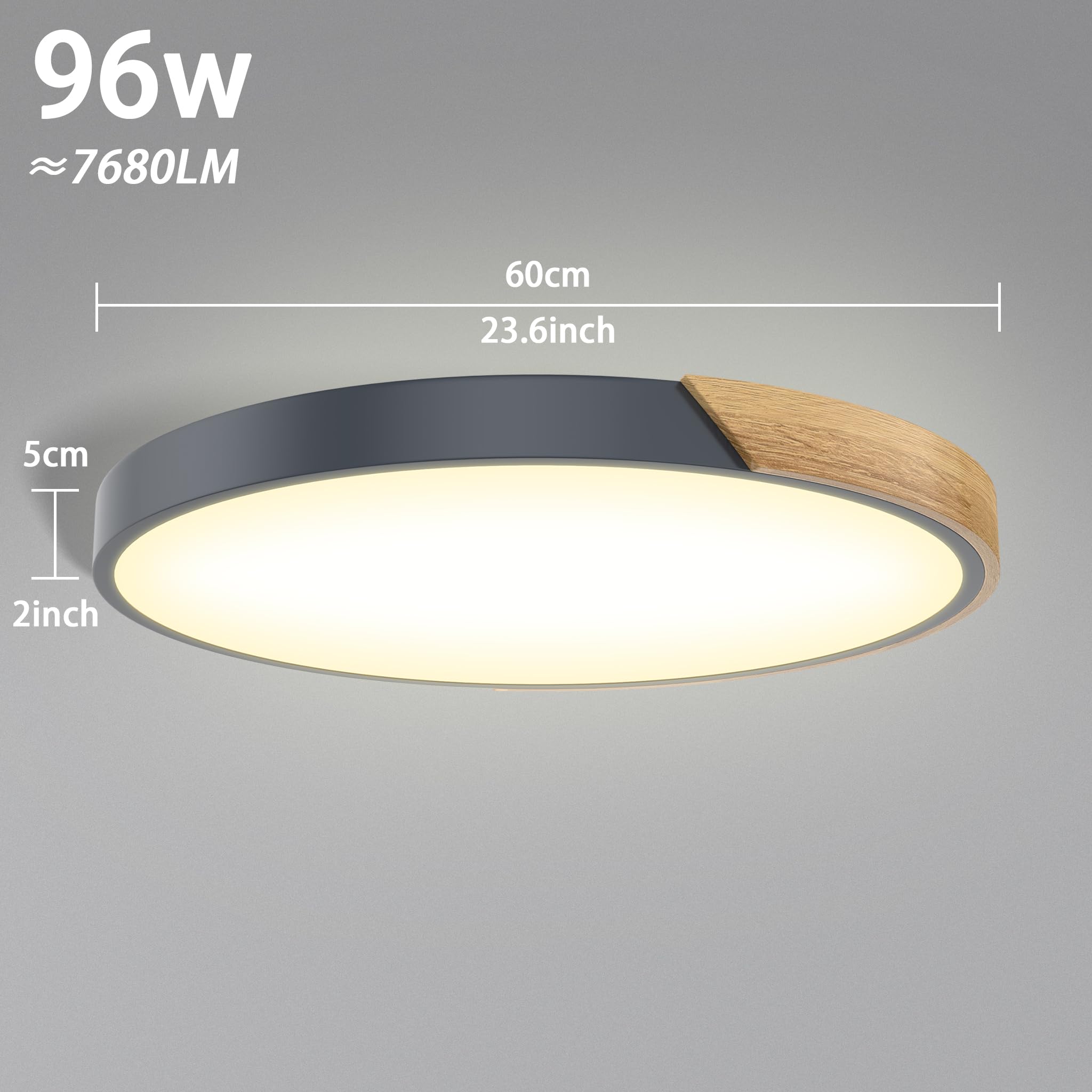 UISEBRT Deckenlampe LED Deckenleuchte Holz,Rund Leuchte Decke,2800K-6500K 96W Dimmbar Flachlampe für Wohnzimmer,Schlafzimmer,Badezimmer,Küche,Flur,kinderzimmer,Büro,Grau