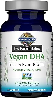 Garden of Life Omega 3 Vegan DHA Supplements Dr. Formulated Vegan DHA, 400mg DHA & 90mg DPA in Triglyceride Form from a Single Source, Omega 3 Supplement for Women's and Men's Health, 30 Softgels