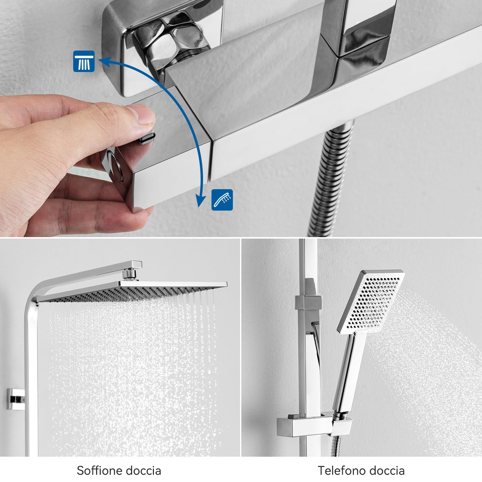 Auralum Colonna Doccia con Miscelatore Termostatico, Miscelatore Doccia con Saliscendi Doccia in Acciaio Inox Altezza Regolabile 97-130cm, Asta Doccia con Soffione Doccia Quadrato 25cmx25cm e Doccetta
