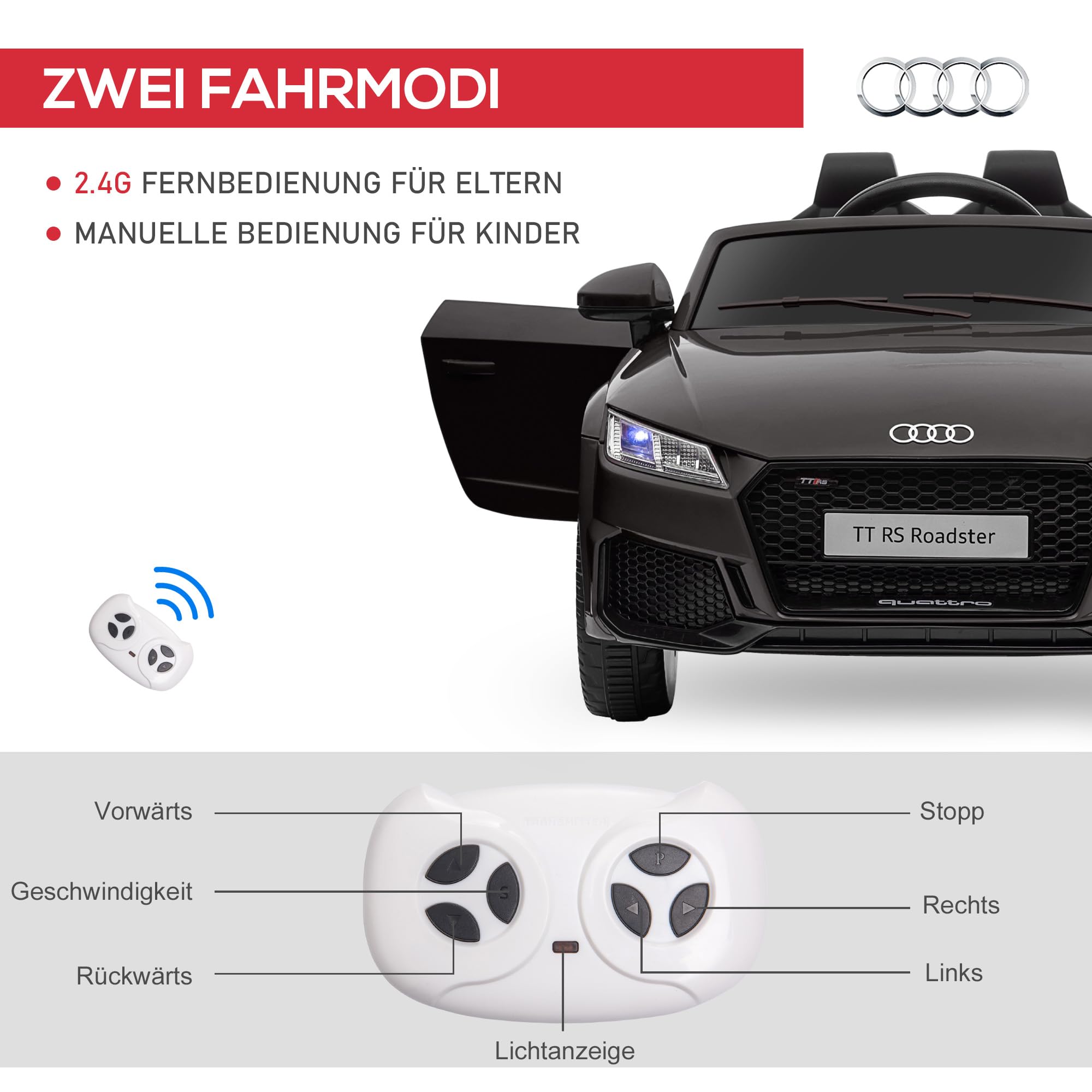 HOMCOM Kinder Elektroauto 12V Kinderauto mit 2,4 G Fernbedienung, 2 Motor, Kinderfahrzeug mit Hupe, LED, Musik, USB/MP3-Anschluss, Rückwärtsfunktion, Elektrofahrzeug für Kinder 3-5 Jahre, Schwarz