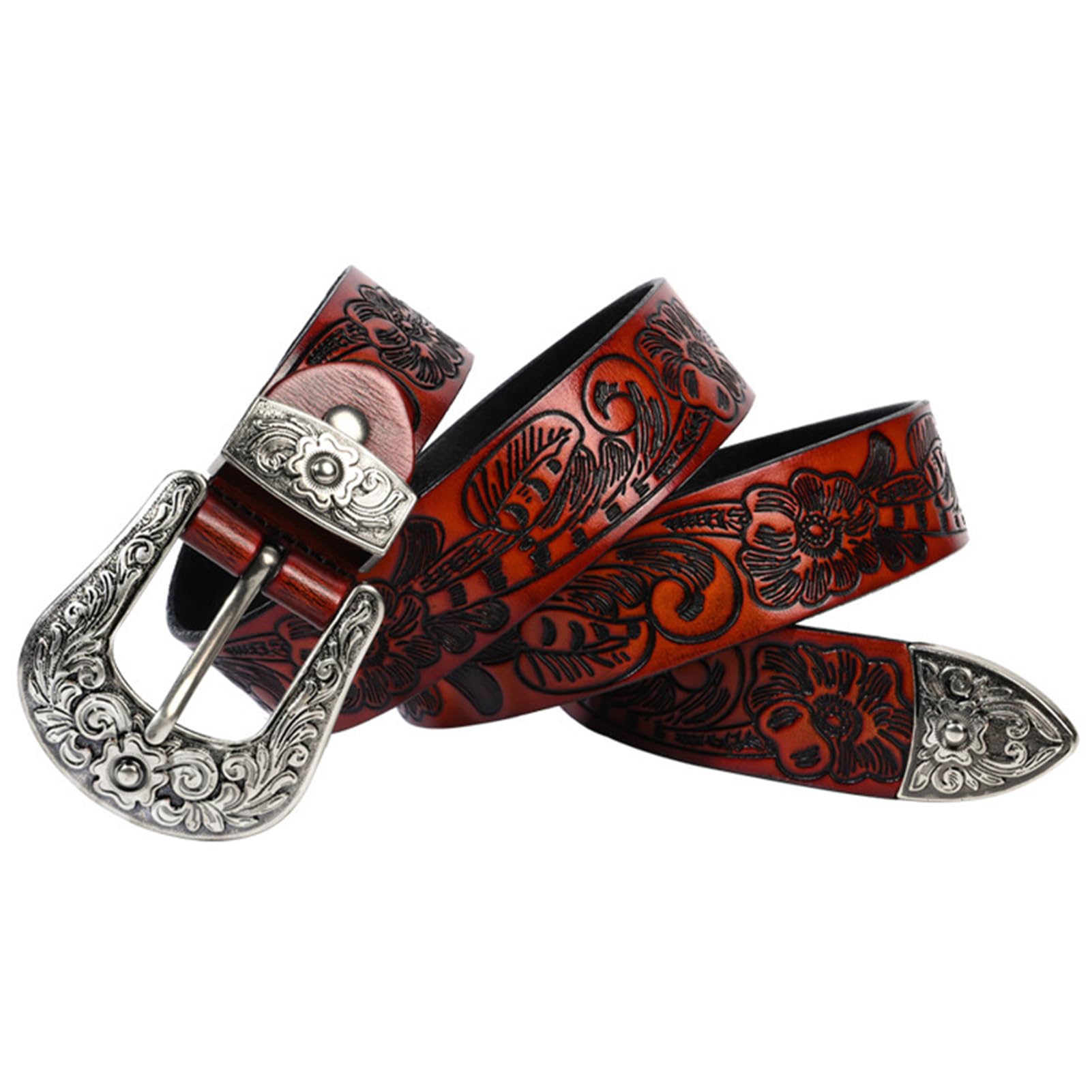 Cintura In Pelle Goffrata Vintage Da Uomo E Donna - Fibbia In Argento Con Incisione Floreale Western, Cinturino In Vita Stile Cowgirl Country