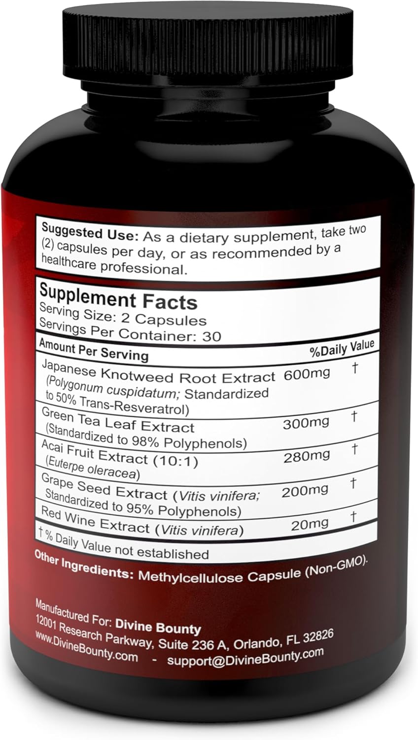 Resveratrol Supplement - 1400mg Extra Strength Formula with Grape Seed Extract, Green Tea Extract, Red Wine Extract - 60 Veggie Capsules - Image 2