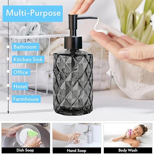 Miniatura 6 de Paquete de 2 dispensadores de jabón de vidrio con diseño de diamante con bomba de plástico, dispensador de jabón líquido transparente recargable de