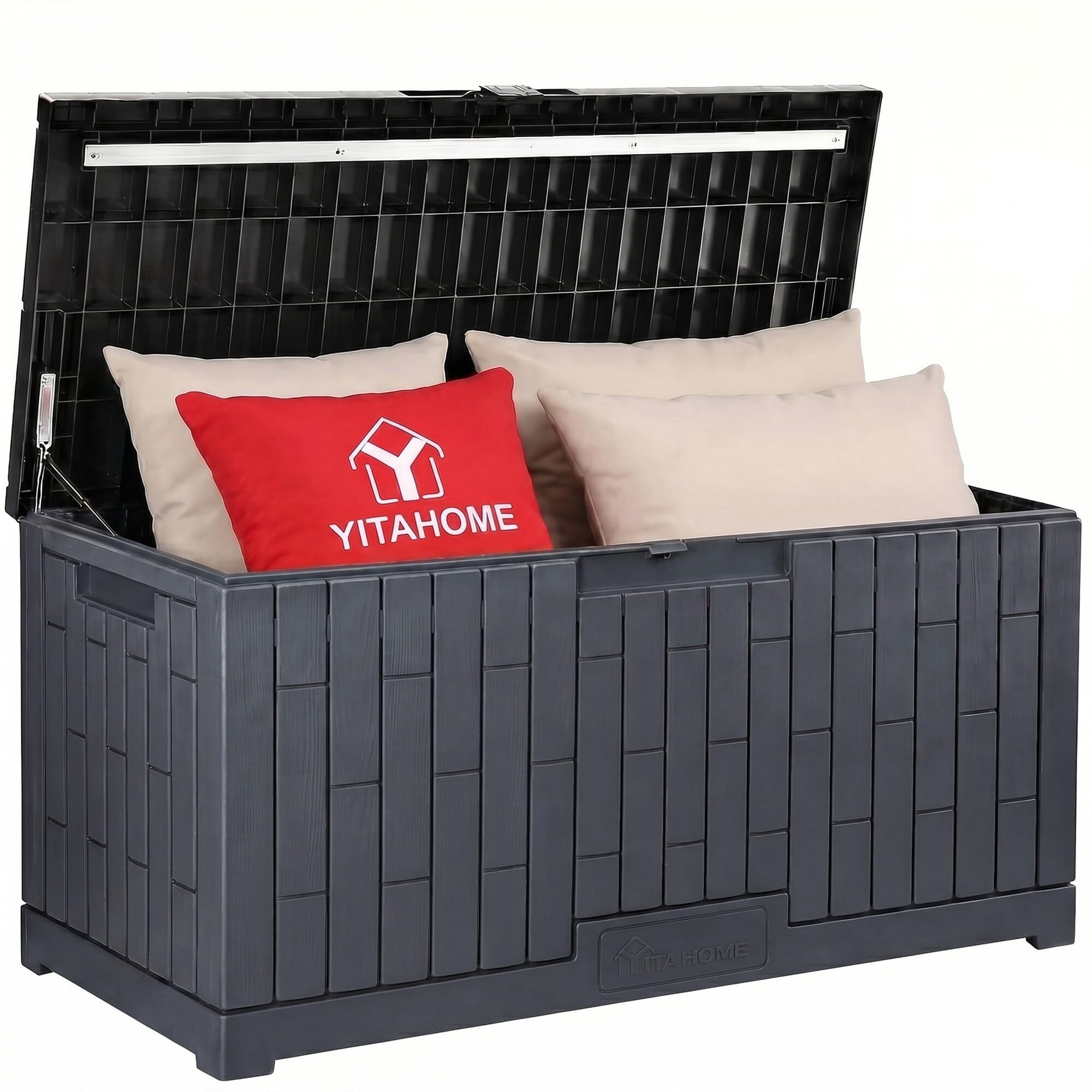 Photo 1 of **Untested**
YITAHOME 120 Gallon Outdoor Storage Deck Box, Large Resin Patio Storage for Outdoor Pillows, Garden Tools and Pool Supplies, Waterproof, Lockable, (Dark Grey)