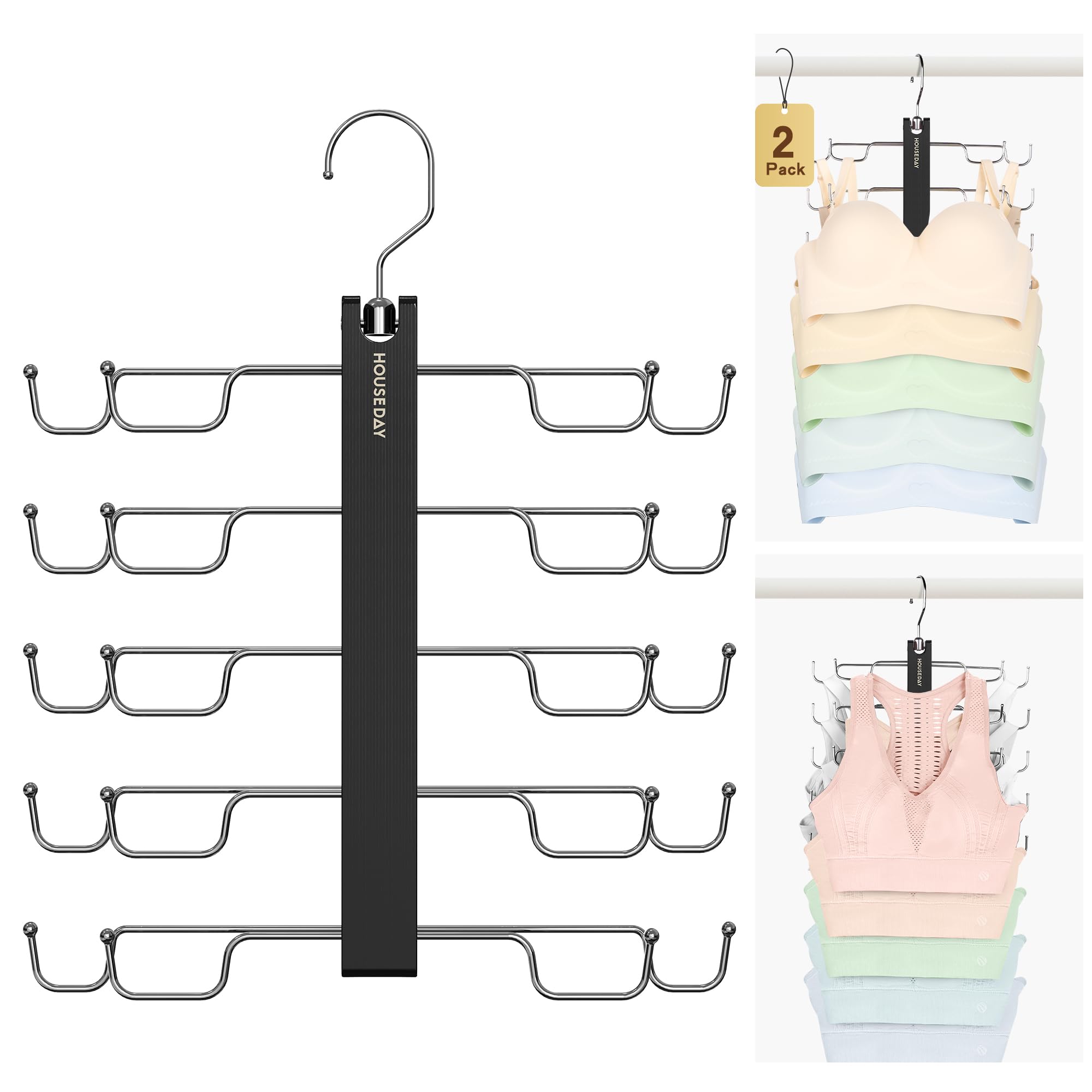 HOUSE DAY Tank-Top-Kleiderbügel, vierreihig, 5 Etagen, platzsparend, Premium-Lotusholz, rutschfeste Kleiderbügel mit 360° drehbaren Haken, Schrank-Organizer für Sport-BHs und Tanktops für BHs und Cami