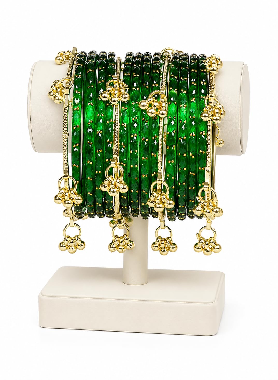 16 Pcs Trendy Stylish Raindrop Glass & Kashmiri Ghungroo Bangles Set for Women & Girls | Gold-Plated Traditional Festive Wedding Party Jewellery Chudi Set (12 Glass + 4 Metal) (Green, 2-6)-image-36