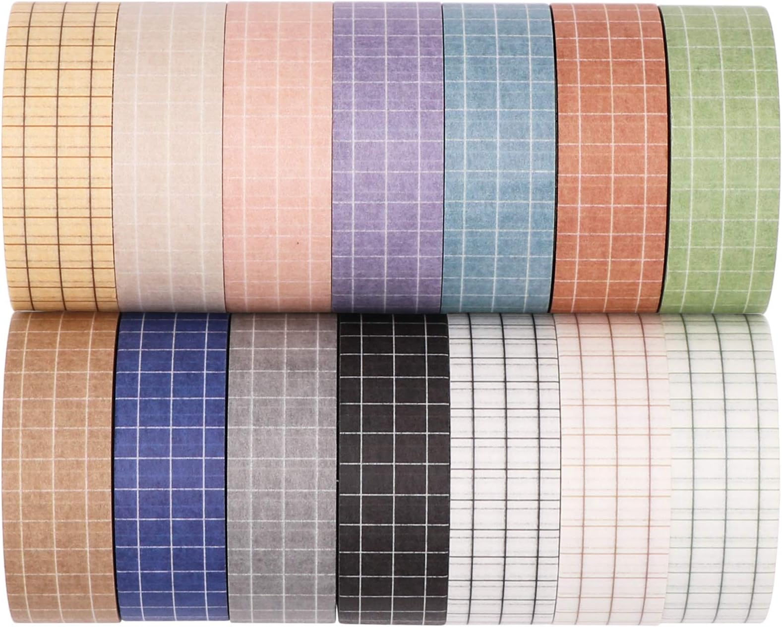 Knaid Grid Washi Tape Set, 14 Rolls of 15 mm Wide Decorative Colored Masking Tapes for Scrapbooking, DIY Decor and Crafts, Bullet Journals, Planners, Junk Journal, Gift Wrapping