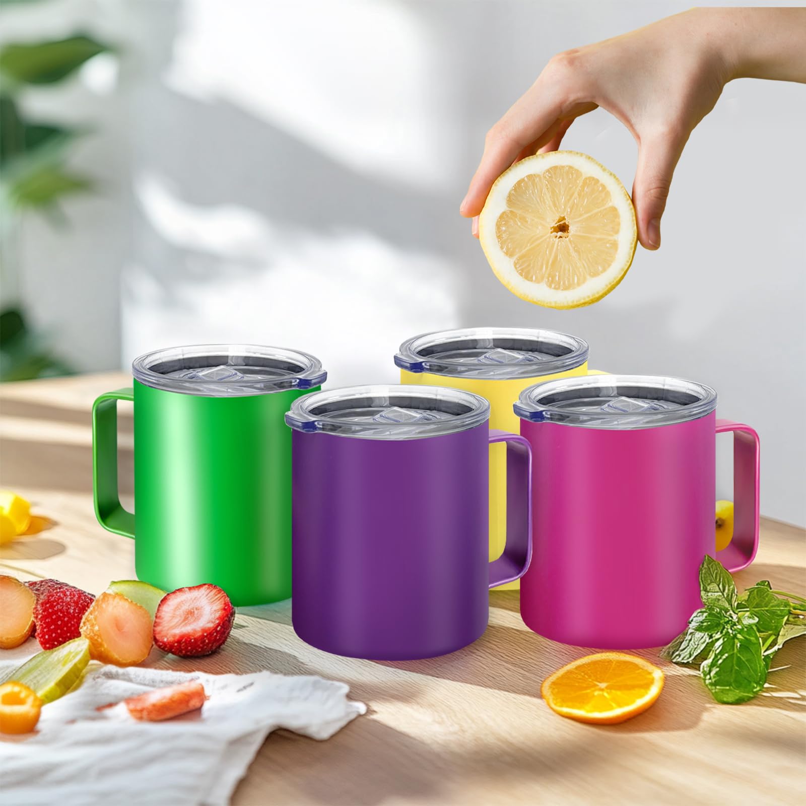 YOUKE OLA Paquete de 16 tazas de café aisladas de acero inoxidable a granel con asa y tapas, taza de viaje de doble pared aislada al vacío de 12 onzas para bebidas calientes y frías, hogar, oficina,