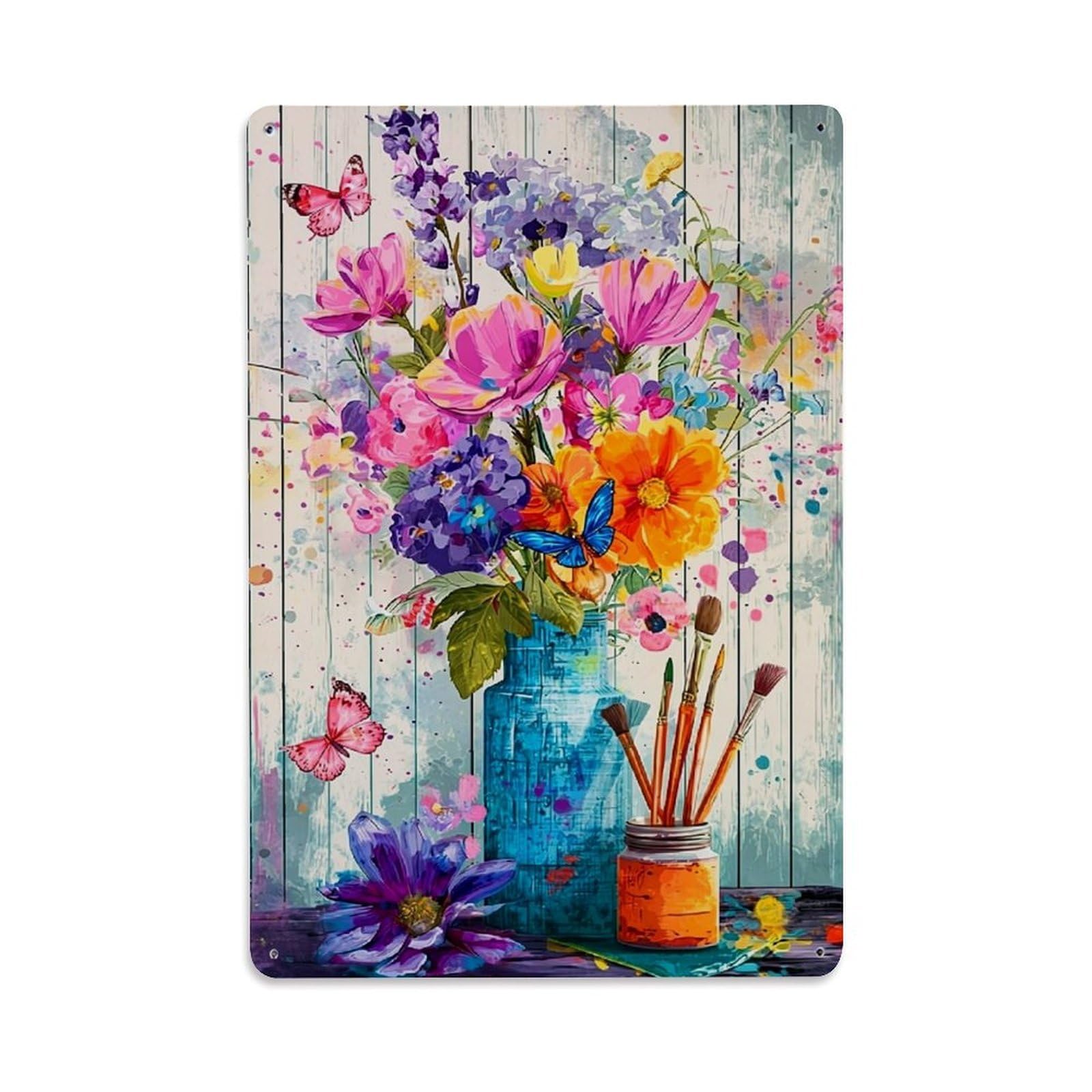 Jdyaojiesheng Vintage Floral Bouquet With Butterflies And Paintbrushes Tin Sign Retro Metal Wall Decor Metal Poster, Home Bar Garage Farmhouse Cafe Wall Art Decoration 8X12inches