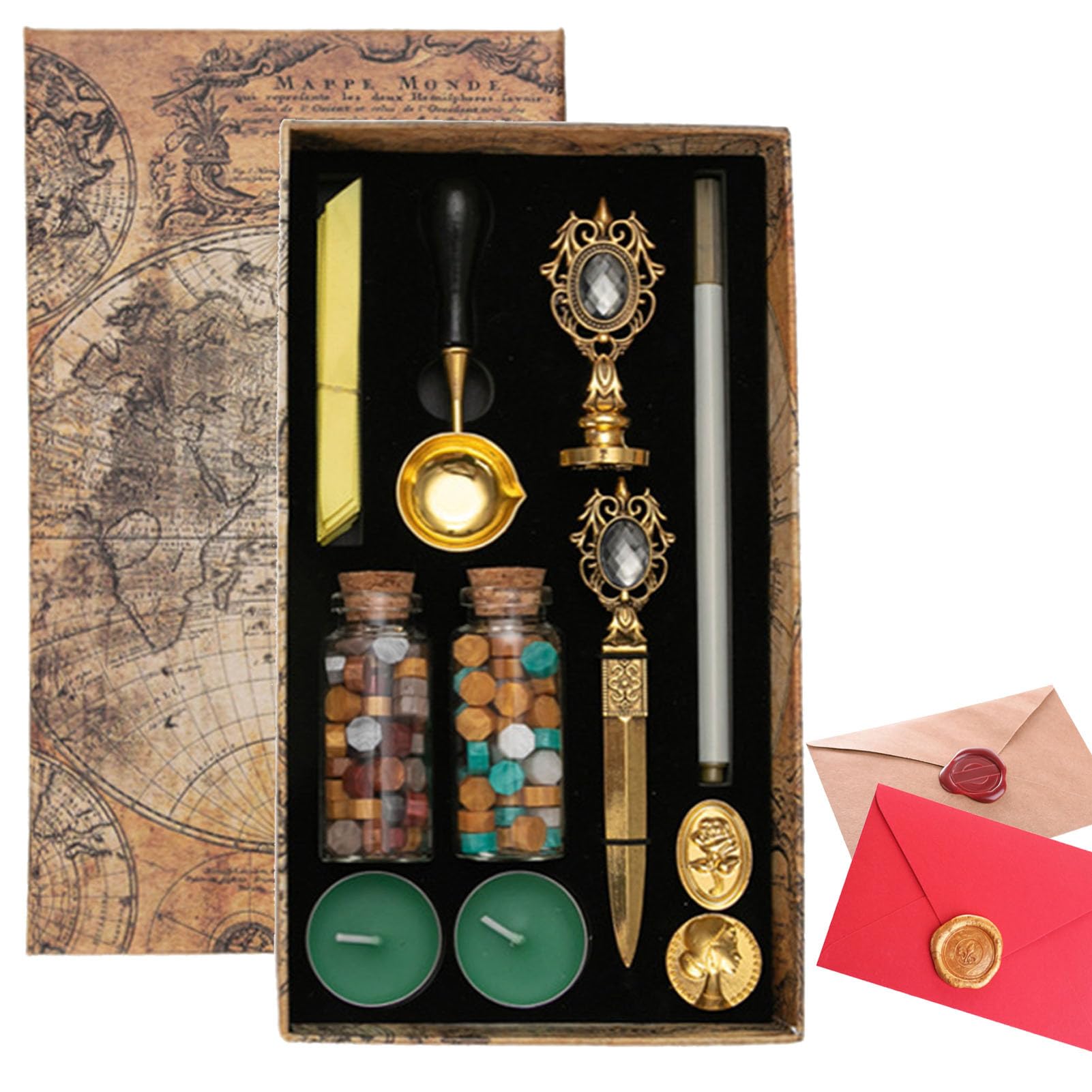 Vintage Wachssiegel-Stempelbox-Set,Versiegelungsset Wachsset Stempel Feuerlack | Tragbares Feuerfarbenwachs-Stempelset mit austauschbaren Stempeln für Geschenkpapier, Umschläge