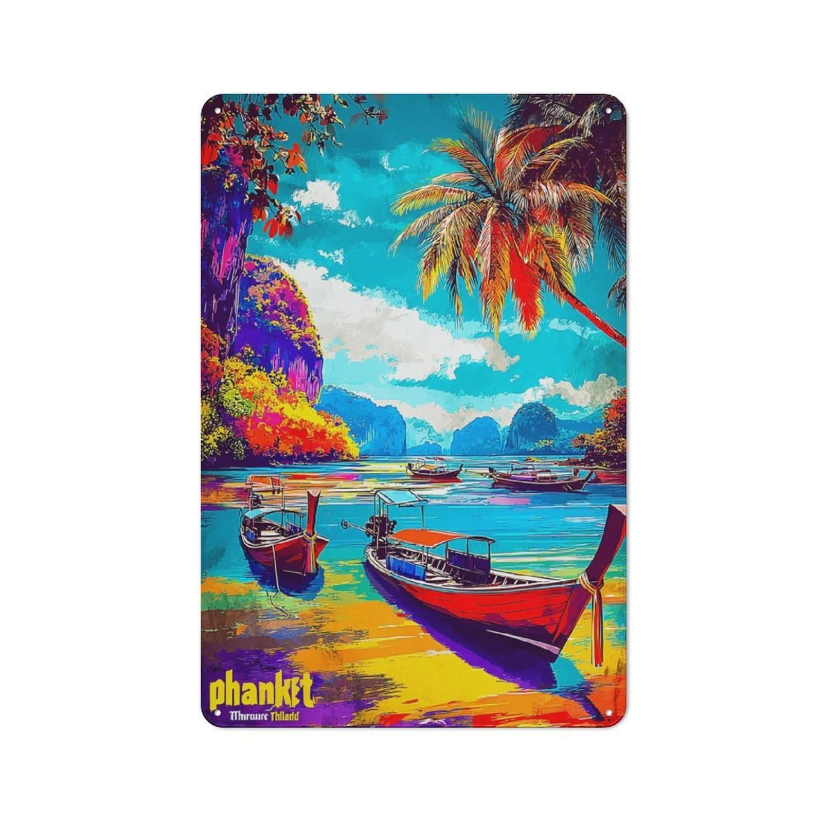 Colorful Tropical Island Scene Printed Metal Sign 30x20cm for Café Or Home Bar, Housewarming Wall Decor for People Furnishing Café And Home Bar
