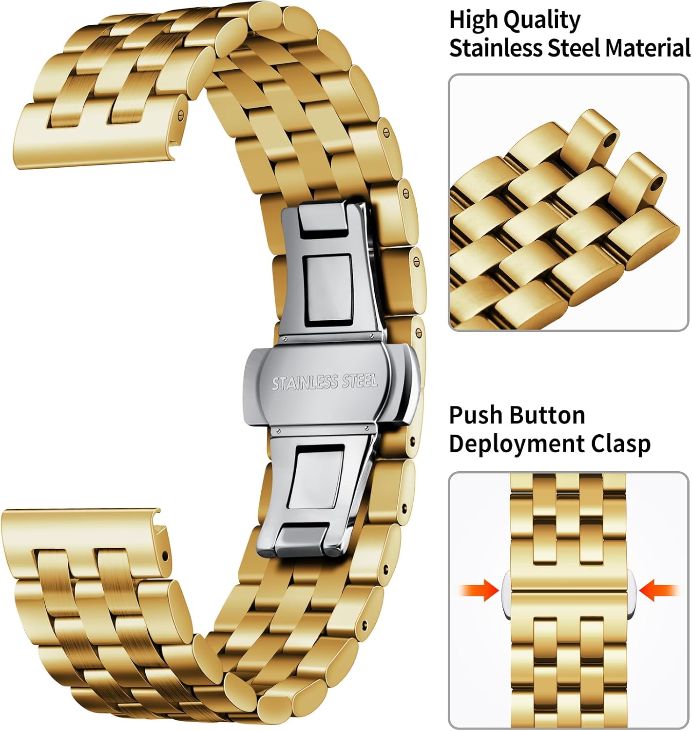 BINLUN Stainless Steel Watch Band Replacement Metal Watch Straps for Men and Women 18mm/19mm/20mm/21mm/22mm/24mm with Curved and Straight End in Silver, Gold, Black, Rose Gold, Two Toned