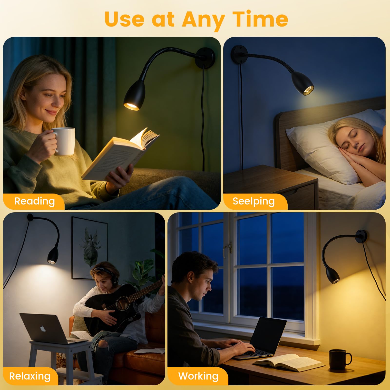 Leselampe 12V LED Dimmbar Bett Lampe, Flexible Wandmontage Schwanenhals Nachttisch DC 12-24V 3000/4000/6000K mit Dimmerschalter & USB-Ladegerät, 1PCS Boot Wohnwagen Van Yacht Bett Lampe