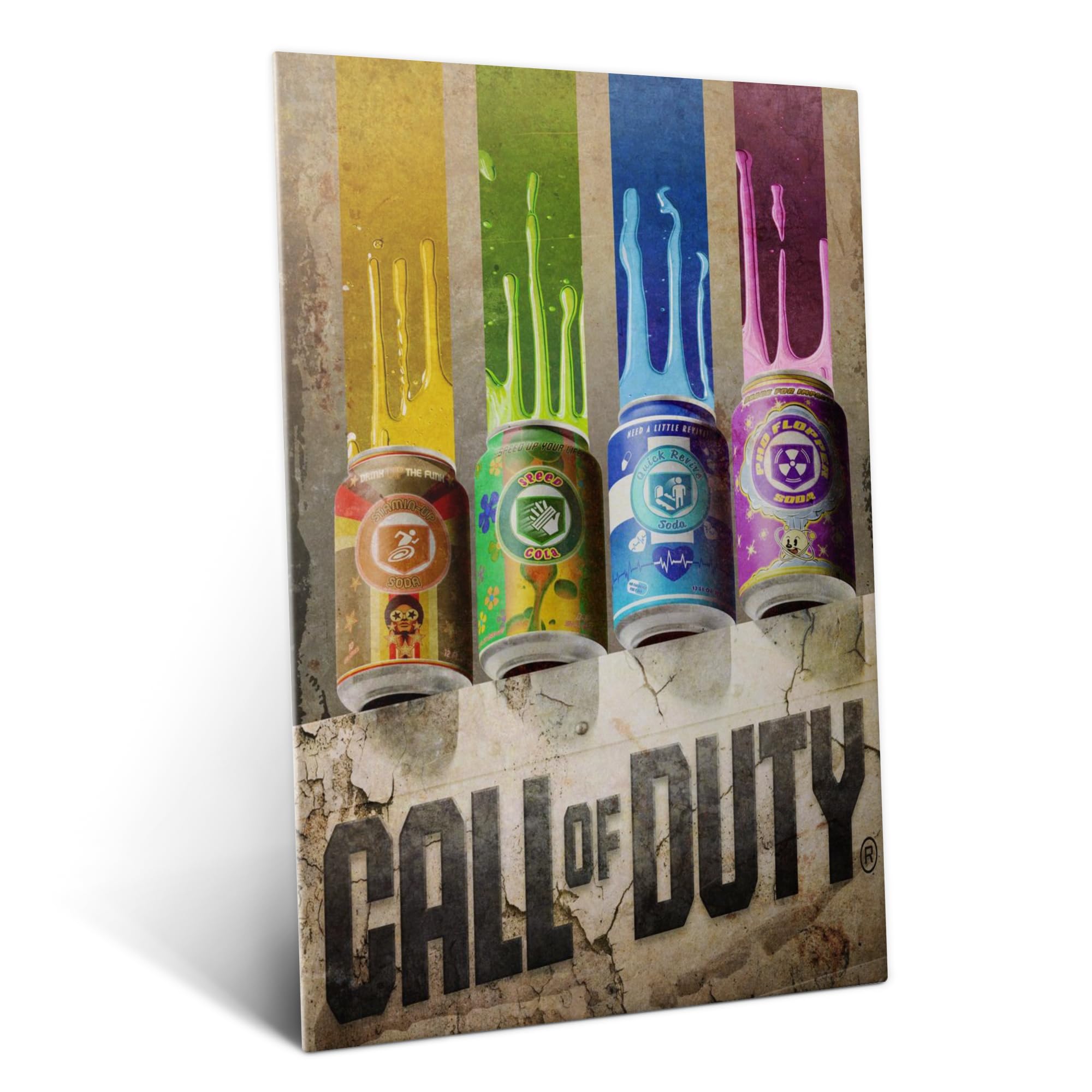 Displate Metall poster Call of Duty Perk-a-Cola Cans Wandkunst Deko Größe M | Bild Plakate für Schlafzimmer Dekor, Geschenke. Magnetische Befestigung Wandposter, Wanddeko. Metall Wandkunst.