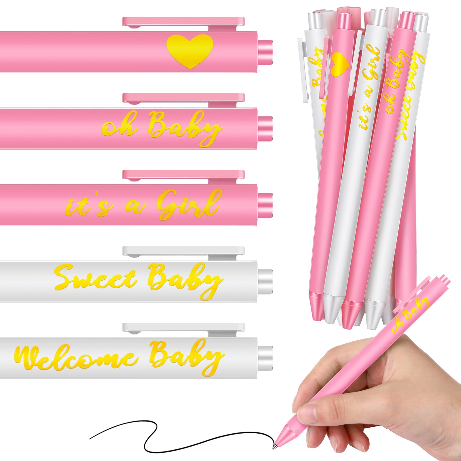 50 Pcs Baby Shower Pens Retractable Ballpoint Pen with Black Ink Baby Shower Favors for Girl Boy Baby Shower Games Decors Office School Teacher Student Writing Supplies (Pink, White, Nice Girl Style)