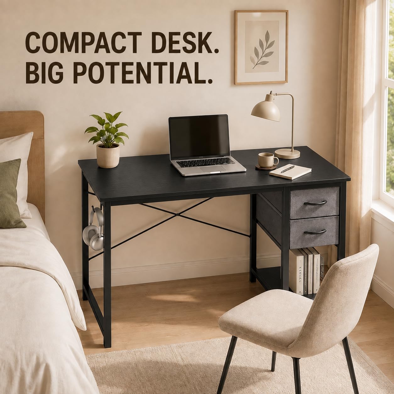 Simple Deluxe 40 Inch Black Computer Desk with Drawer & Side Hook – Compact Office Desk for Bedroom, Sleek Writing Table with Storage for Study, Work & Home image 3
