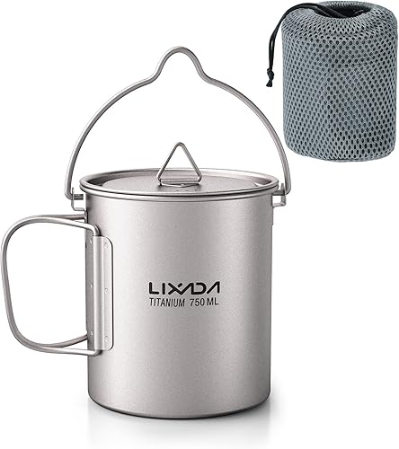 Miniatura 1 de Lixada Taza de agua de titanio con tapa y mango plegable, ultraligero de 25.4 fl oz, olla de titanio, portátil, al aire libre, camping, cocina,