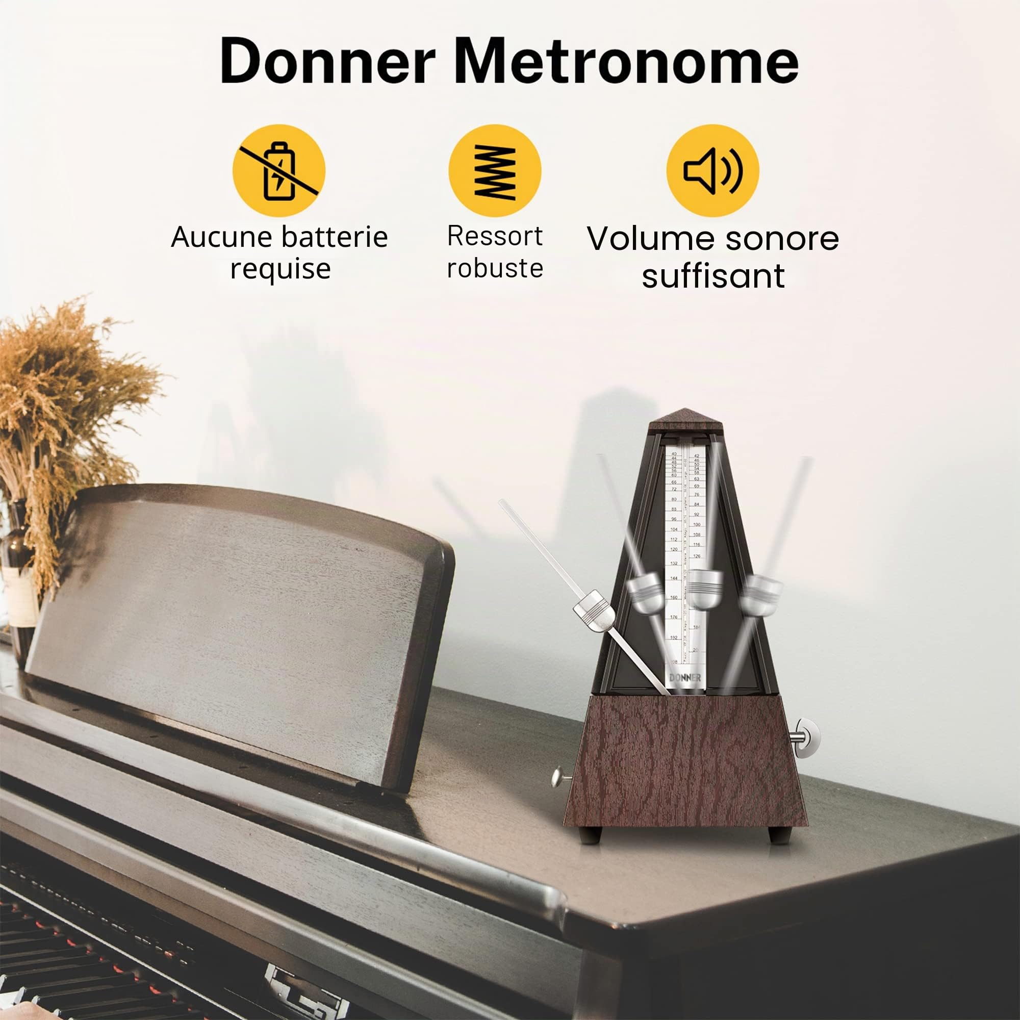 Donner Métronome Mécanique pour Piano Guitare Basse Ukulélé Violon Batterie Tambour Saxophone Trompette et Autres Instruments de Musique, Piste Tempo et Beat, Son Fort, DPM-1, Marron