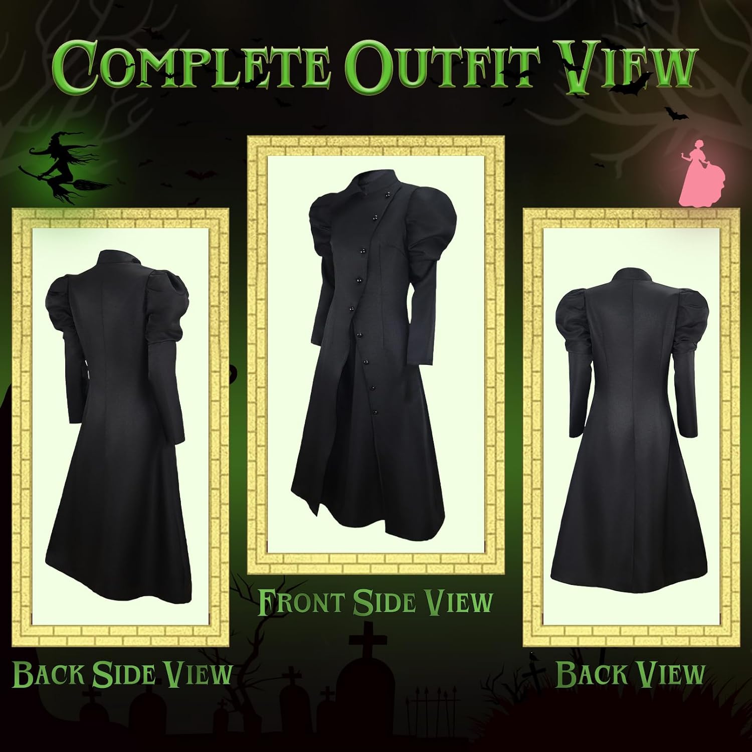 Halloween Witch Costume Women - Adult Witch Costume Black Dress with Witches Hat, Green Gloves Cosplay Outfits - Image 5