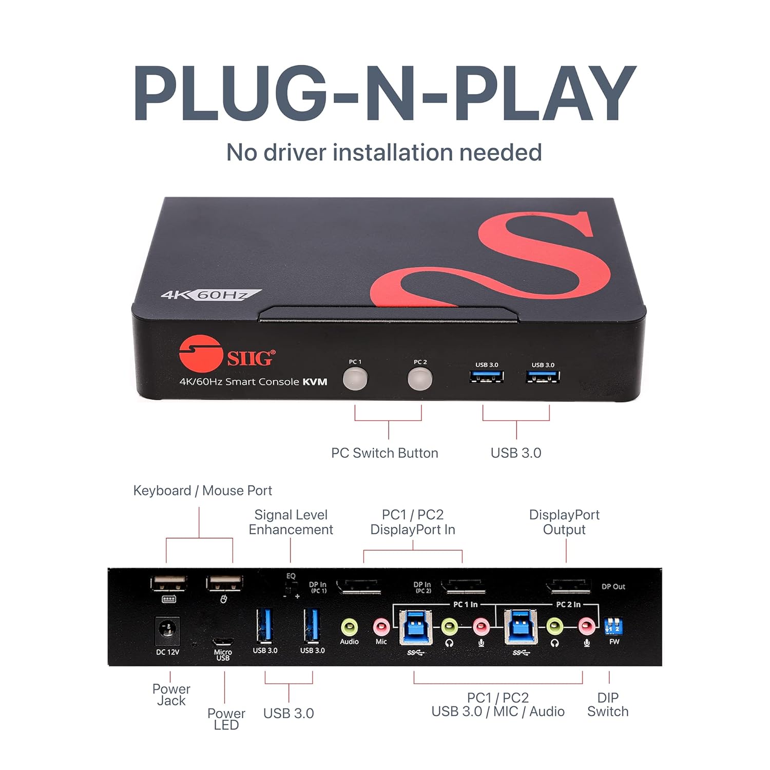 SIIG 4K DisplayPort 2-Port KVM Switch with Audio and Microphone, DP 1.2 4K60, USB 3.0 x4, USB 2.0 x2, Cables Included, Hotkey Control, TAA Compliant, ESD Protection, Metal housing (CE-DP0F11-S1)