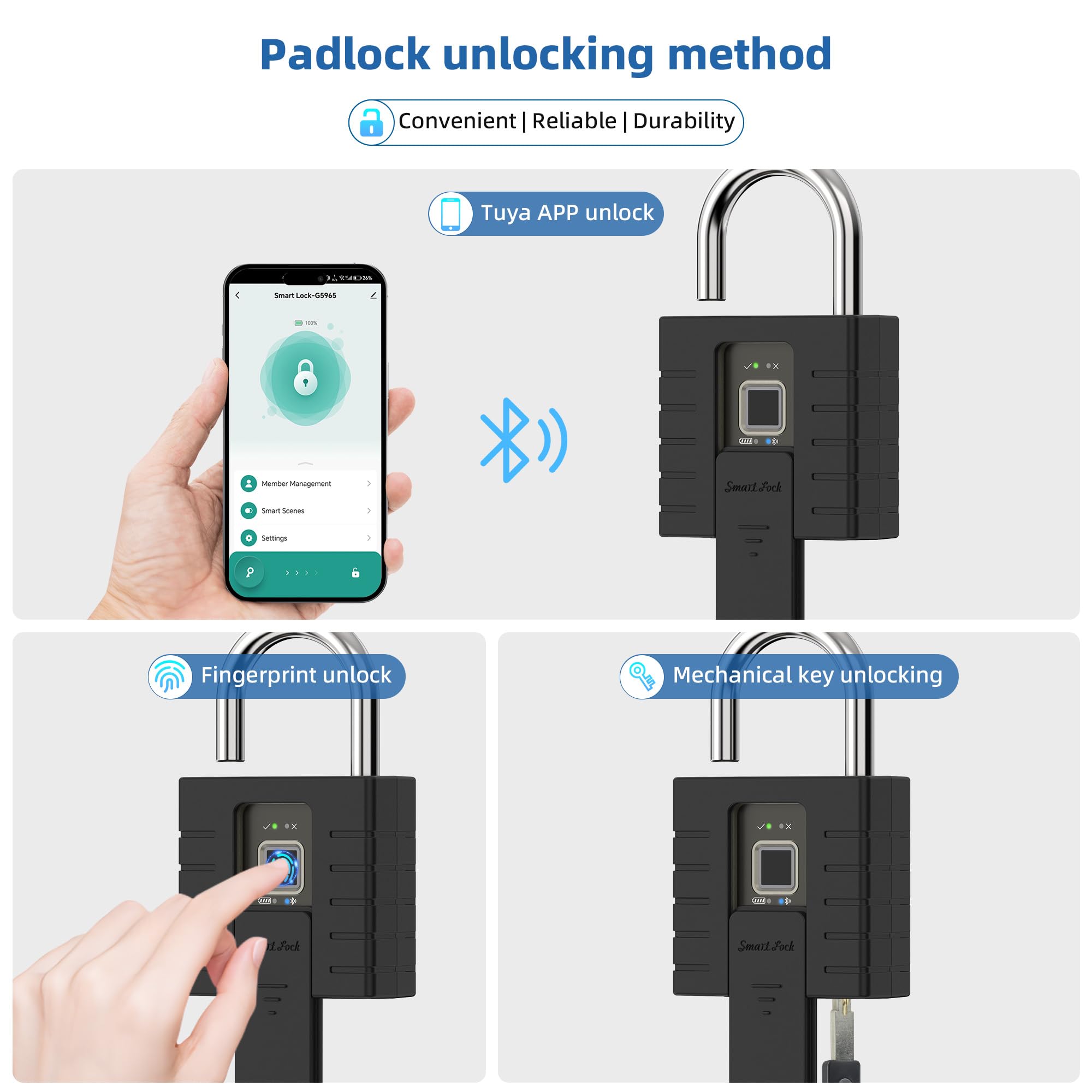 Cadenas à empreintes digitales avec application et clé, cadenas noir très résistant, adapté pour l'extérieur, le camion, l'entrepôt et les casiers d'armoires