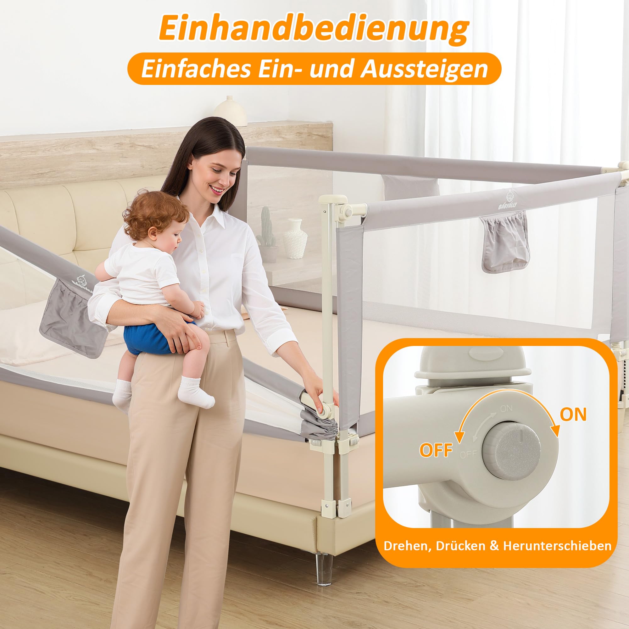 Bettgitter für Kleinkinder, 200cm Bettschutzgitter Kinderbettgitter für Kinder Babybettgitter Klappbar, Kinderbett Kinderbettschutzgitter Rausfallschutz Bett, 5 Minuten schnelle Installation