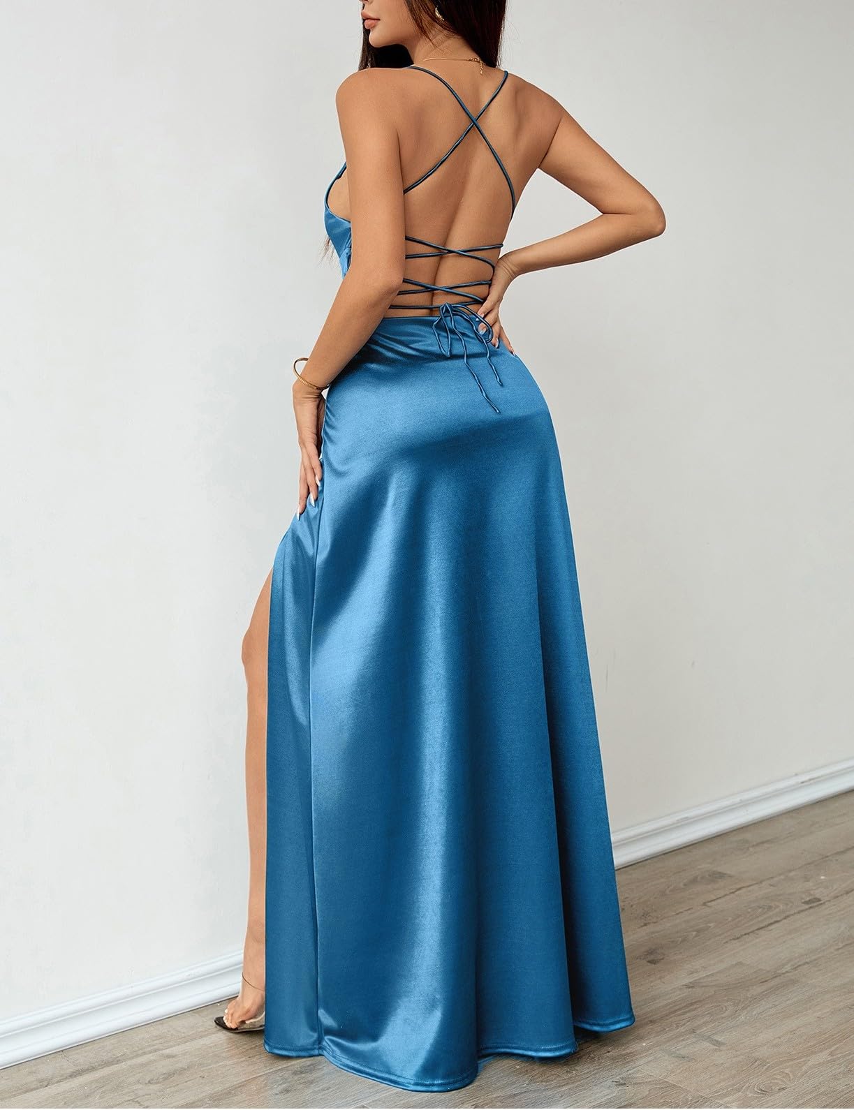 Maxi abito da donna in raso con scollo a V, spalline sottili, abito da sera con spacco laterale, abito lungo per feste, cocktail e matrimoni