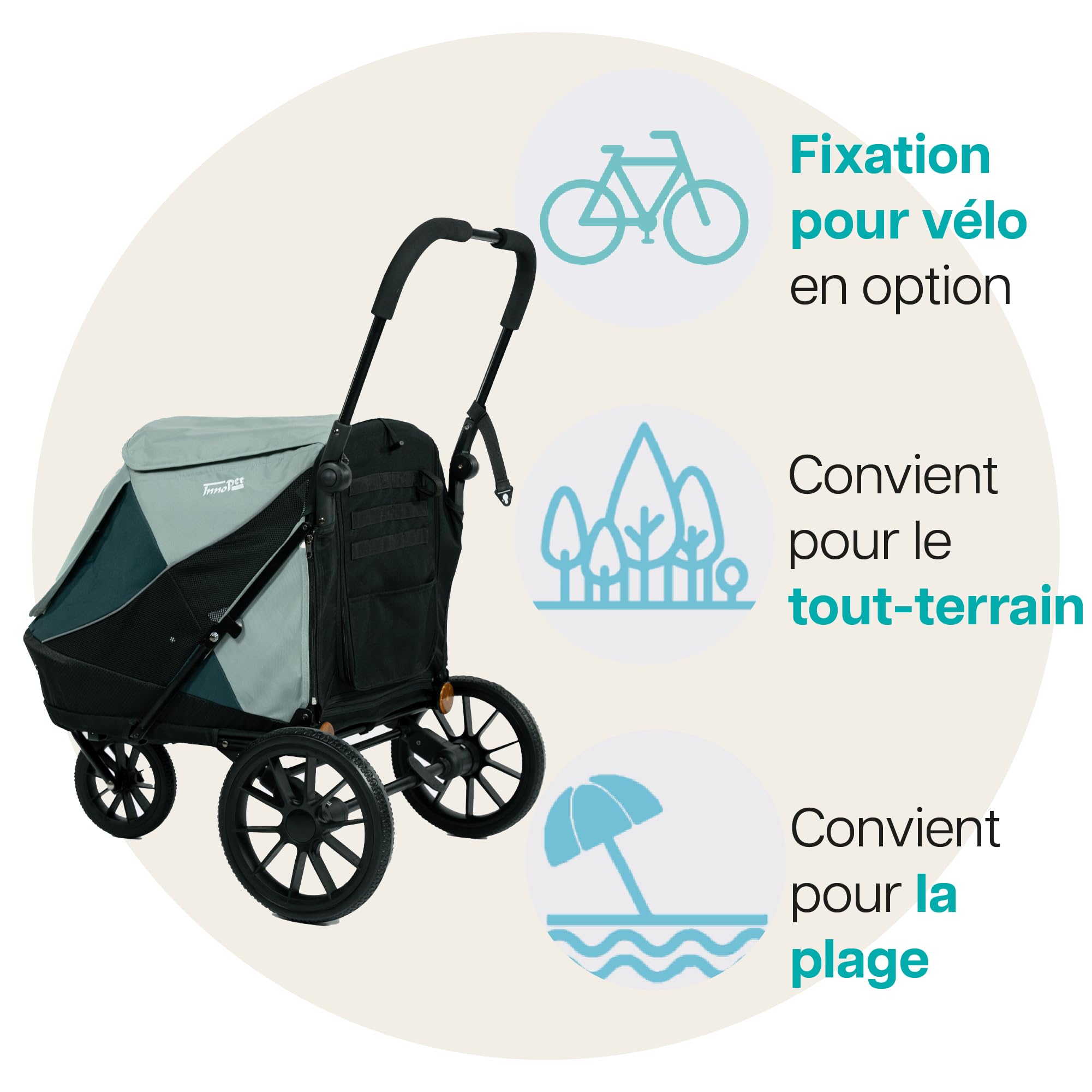 InnoPet Noah Poussette pour Chiens - Pour Chiens Petits et Moyens jusqu à 25 kg - Tout Terrain - Guidon Réglable - Housse de Pluie Incluse - Bleue