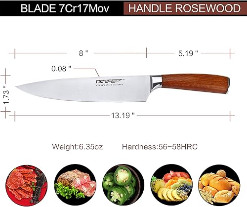 Miniatura 2 de TONIFE Cuchillo de chef de 8 pulgadas con cuchillo de cocina de acero inoxidable de alto carbono 7Cr17MoV con mango de palisandro natural