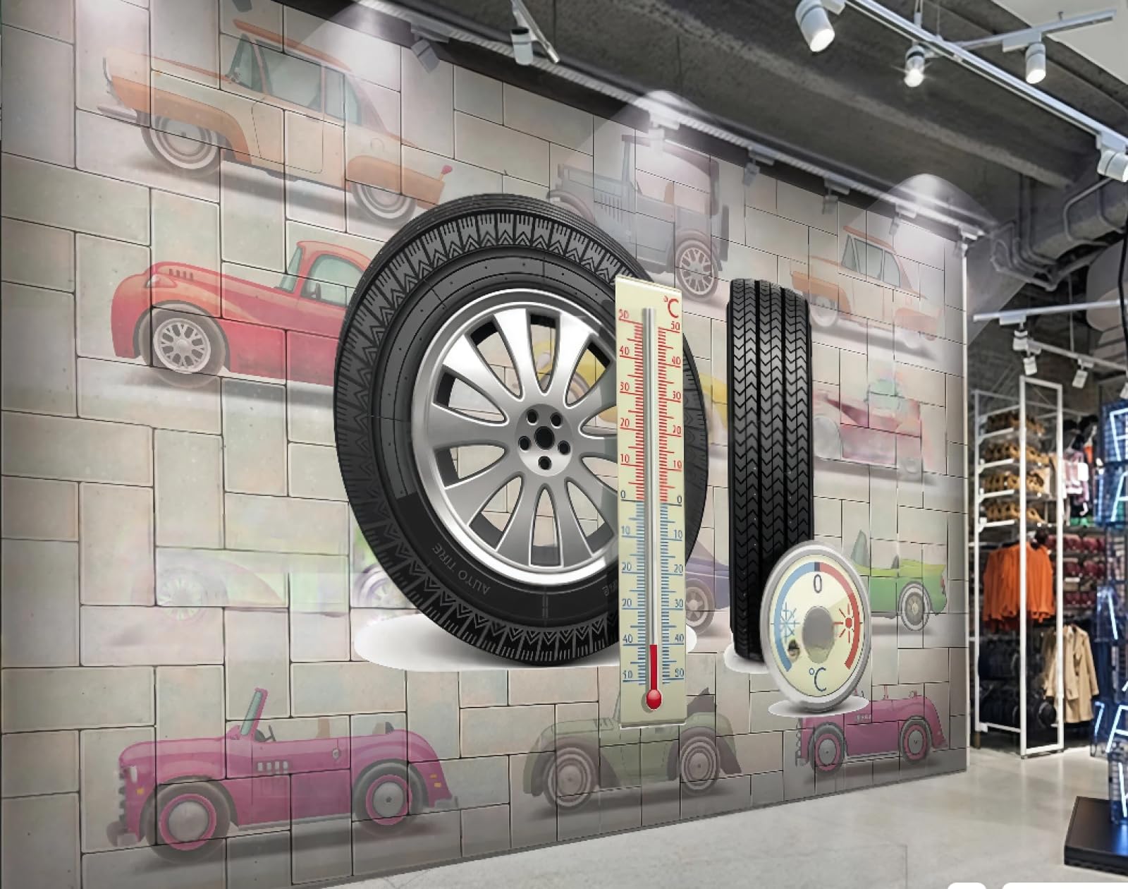 XDOUBAO Wallpaper Nostalgic Brick Wall Tire Hand-Painted Car Repair Theme Bar Afternoon Tea Western Restaurant Background Wall Wallpaper Coffee Shop Mural,3D,300x210cm