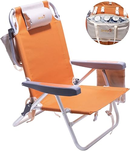 Miniatura 8 de SUNNYFEEL Silla de playa baja de 5 posiciones plana, mochila plegable portátil resistente con bolsa refrigeradora, portavasos para exteriores,