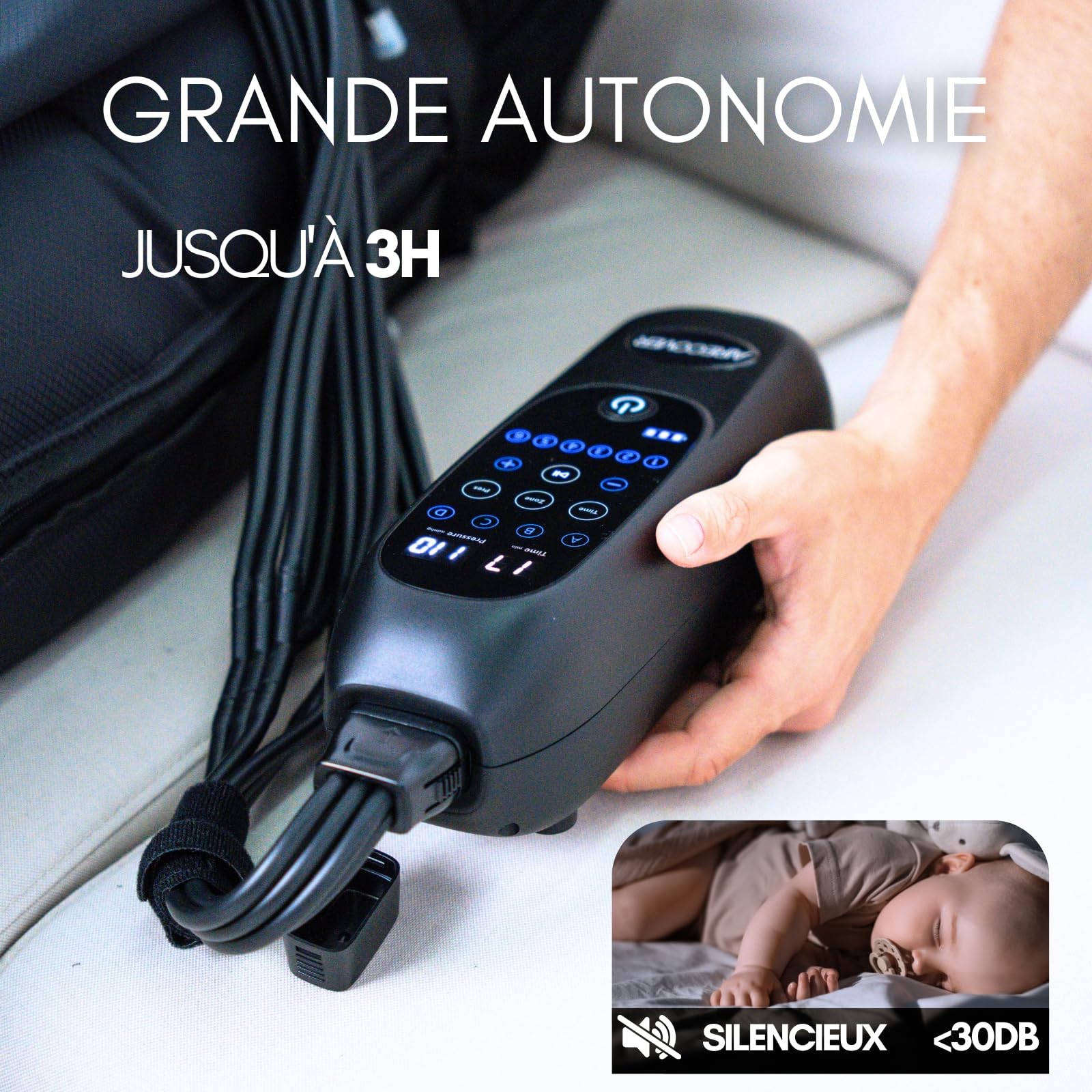 Pantalon Pressothérapie sans fil, Drainage Lymphatique, 6 chambres d’air, 30–250 mmHg, 4 modes, batterie 3h, pour douleurs et jambes fatiguées