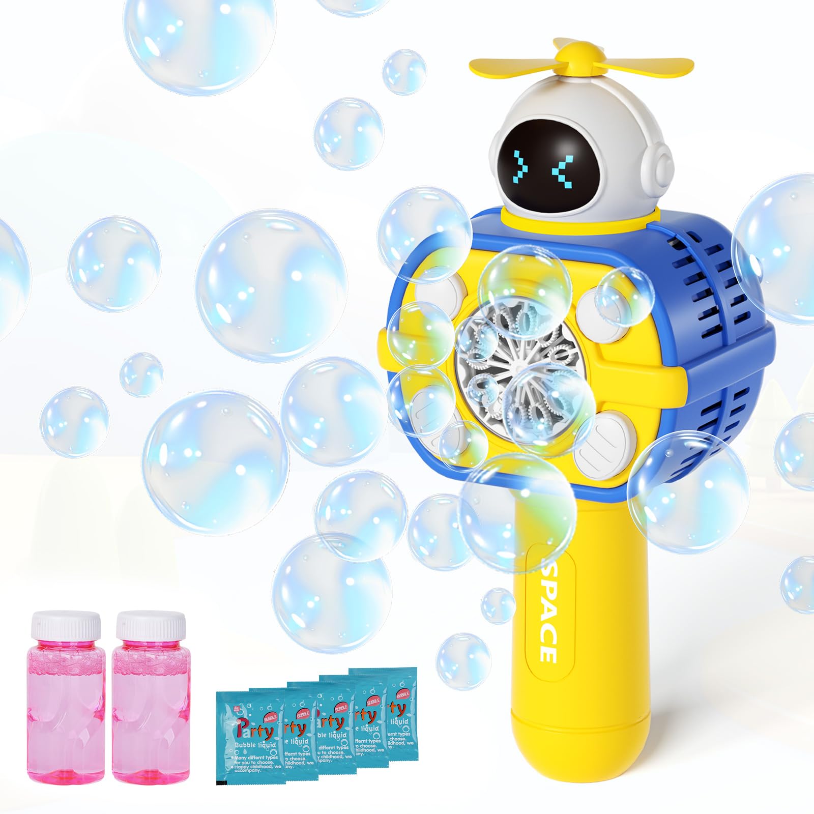 Automatic Bubble Gun Machine for Kids 3+, Space Theme with LED Lights & Leak-Proof Design, Portable Neck Strap, Outdoor Party Toys (Includes 2 Bubble Solutions)