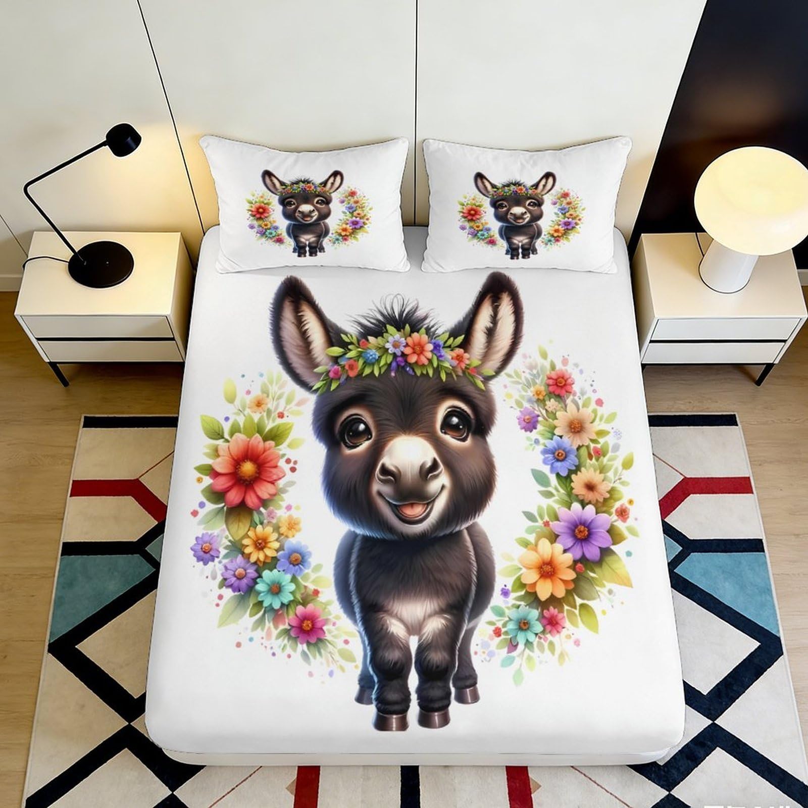 Dhbaneiok Style-9 3D Printed Donkey Cartoon Fitted Sheet Microfiber Floral Animal Mattress Cover For Bedroom Guest Room Decor Easy Care 90X200x25cm