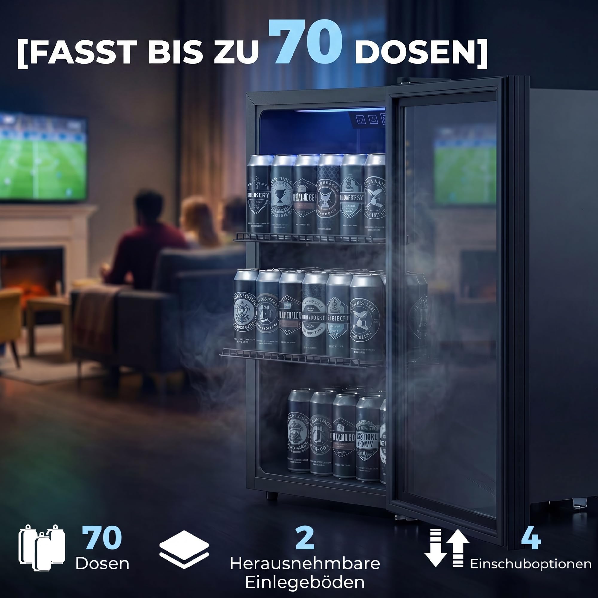 HOMCOM Getränkekühlschrank 70L Mini Kühlschrank mit UV-beständig Doppelglas-Tür, verstellbaren Regalen, LED-Beleuchtung & Display