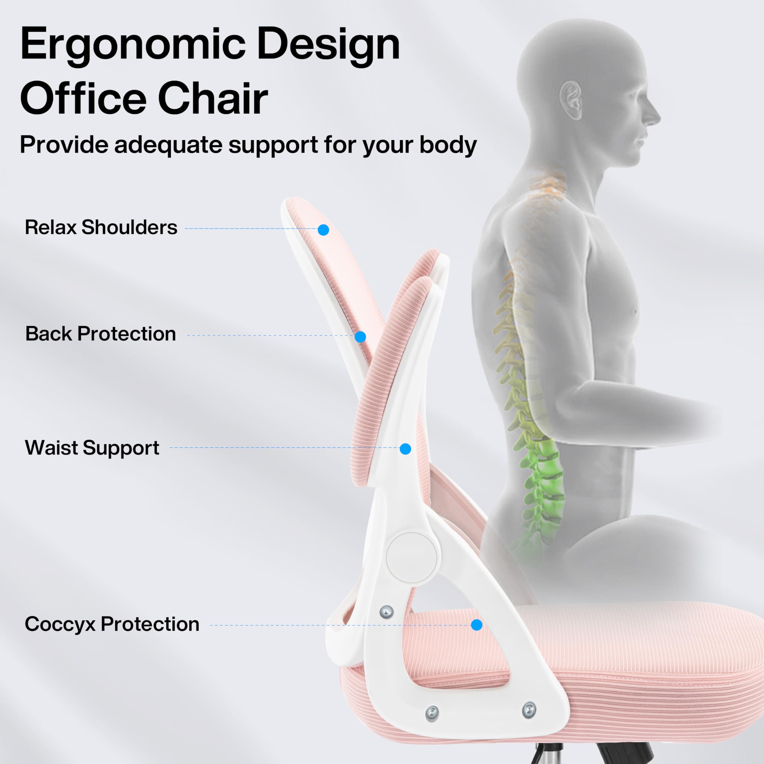 Fizzin Ergonomischer Bürostuhl Rosa Schreibtischstuhl, 150 kg | Mesh Drehstuhl mit gepolsterten klappbaren Armlehnen, verstellbare Lendenwirbelstütze für Büro, Homeoffice und Gaming