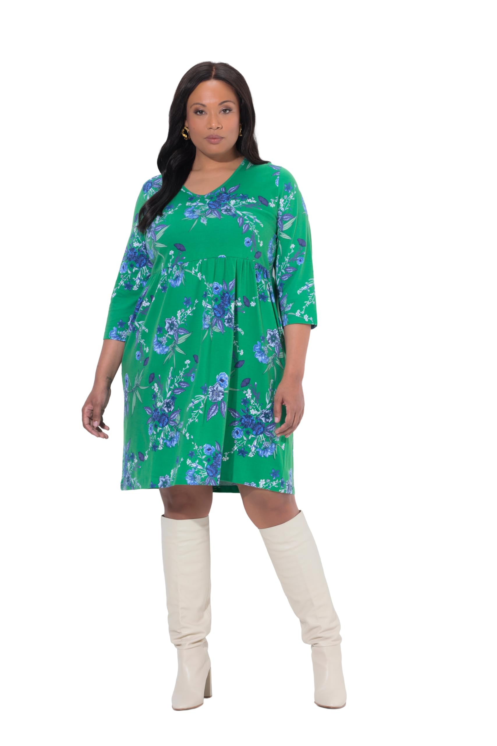 Ulla Popken Damen große Größen Übergrößen Plus Size Jerseykleid, Blüten, A-Linie, V-Ausschnitt, 3/4-Arm 847068