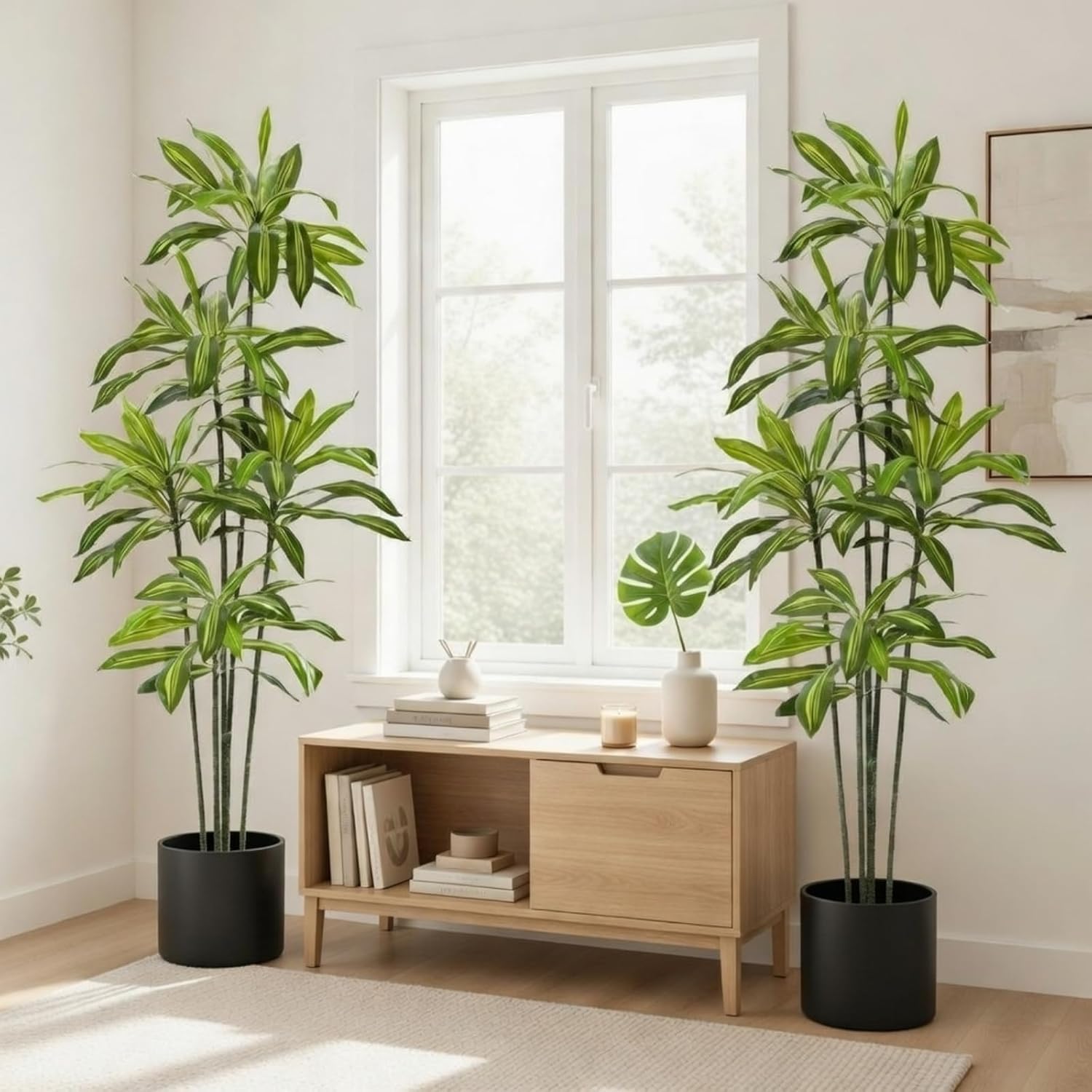 Giegxin 2 Pack 6 ft Artificial Dracaena Tree, Indoor Fake Tree with Black Stable Planter, Natural Wood Trunk & Lifelike Leaves Dracaena Plants for Home Living Room Porch Office Decor Housewarming Gift