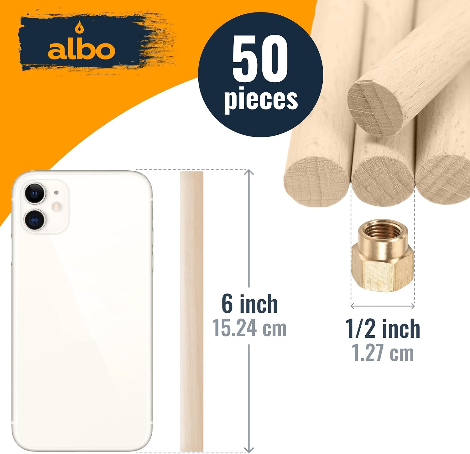 ALBO 1/2" x 6" Wooden Dowel Rods Set - 50 Pack Birch Natural Thin Hardwood Craft Rods Small Crafts Toys Doll Furniture Professional Smooth Bulk Material Handicrafts Miniatures DIY