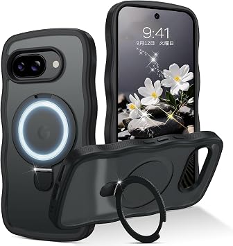 Wave & Stand GUAGUA Google Pixel 9A Case, Clear, Wave Pixel, 9a, Soft TPU, Ribbed Case, Matte, Popular, Korea, Shockproof, Ultra Lightweight, Thin, Stylish, No Yellowing, Smartphone Case, Pixel9a, Wireless Charging, Strap Hole, 9a, Metal Kickstand Cover Black