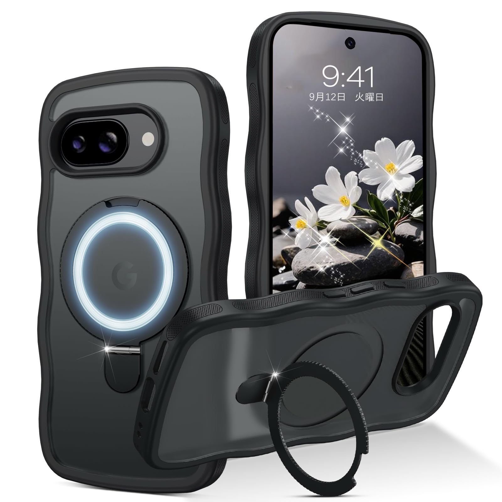 [ウェーブ&スタンド]GUAGUA Google Pixel 9A ケース クリア ウェーブ ピクセル 9a ソフト TPU うねうね ケース マット 人気 韓国 耐衝撃 超軽量 薄型 おしゃれ 黄ばみなし スマホケース pixel9a ワイヤレス充電 ストラップホール付き 9a 金属キックスタンド カバー（ ブラック ）