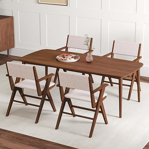 Miniatura 5 de Giantex Juego de 2 sillas de comedor de madera, sillas de cocina tapizadas de tela de lino con reposabrazos, marco de madera de goma, asiento y