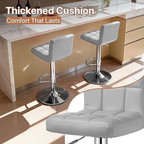 Miniatura 5 de Magshion Juego de 2 taburetes de bar, modernos taburetes de bar giratorios de piel sintética con respaldo, sillas de bar cuadradas ajustables sin