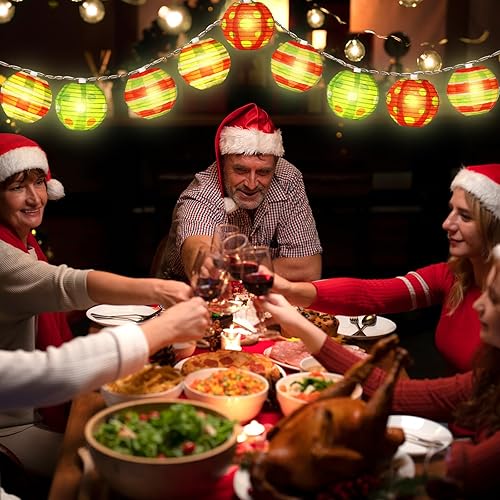 Miniatura 6 de 10 linternas de papel de Navidad, luces LED rojas y verdes, 8.2 pies, adorno colgante de Navidad para decoración del árbol de Navidad, hogar,