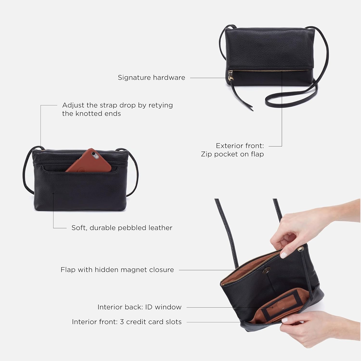 HOBO Grant Leather Small Foldover Crossbody Bag with Crossbody & Shoulder Strap, Zip Pocket, Card Compartment - Image 4