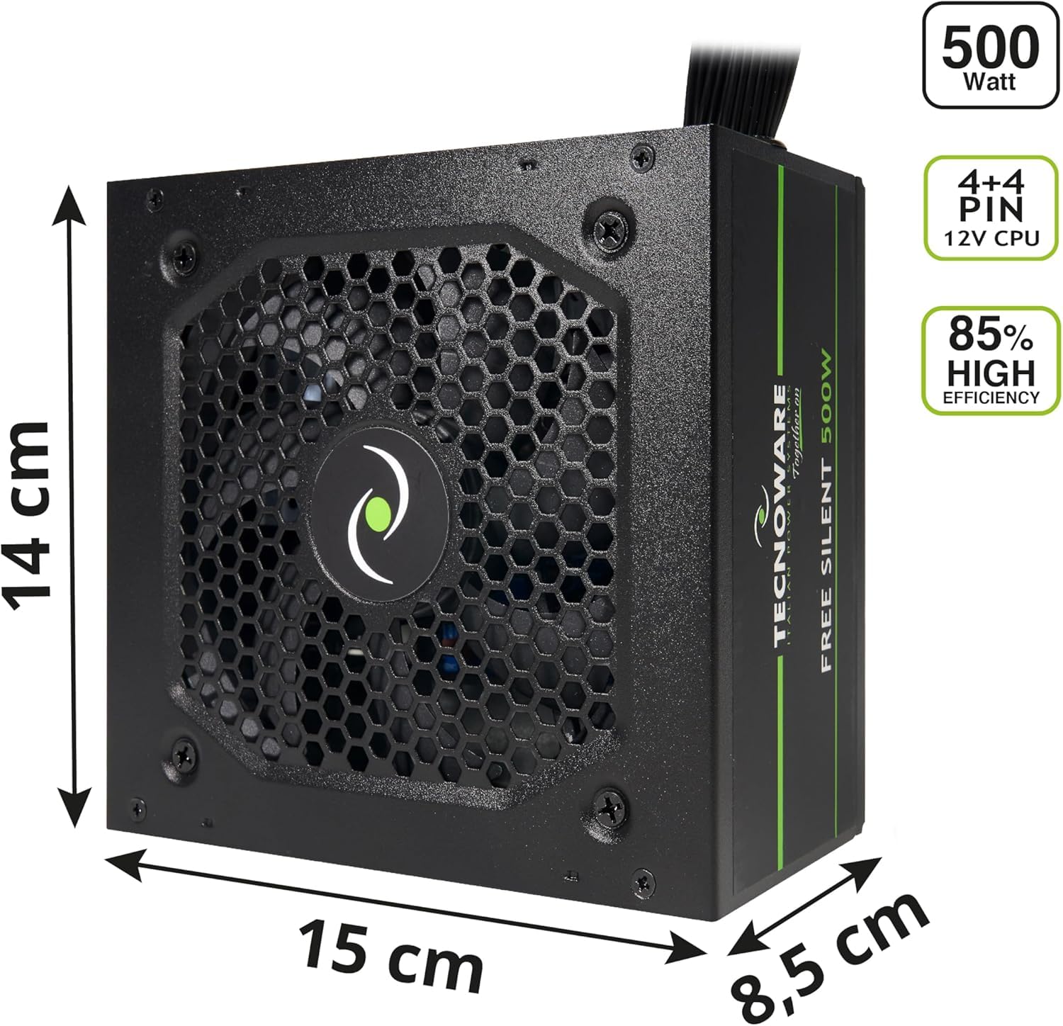 Tecnoware Alimentatore ATX Free Silent 500, Ventola Silenziosa 12 cm, ottimale per ricambistica, Protezione Sovratensioni, 2 x SATA, 1 x 24 Poli, 1 x 12V 4+4 Poli, 2 x Molex, Certificazione CE e Rohs