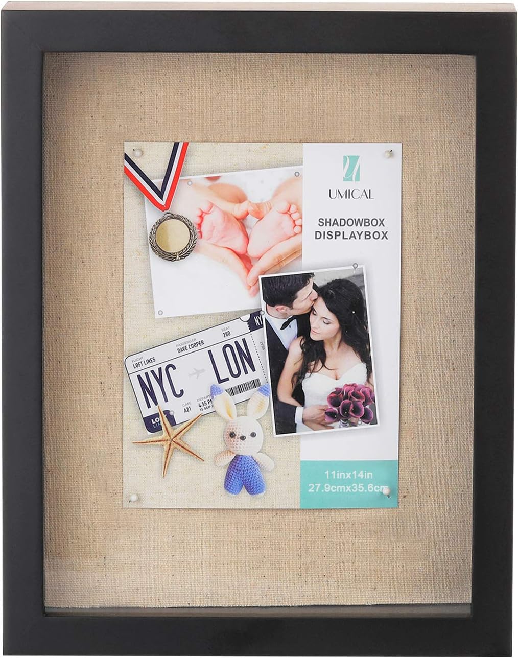 UMICAL 11x14 Shadow Box Display Case Black Wooden Shadow Box Frame with Linen Board and Stick Pins Memorabilia Awards Medals Photos Tickets Art Bouquet Memory Box for Keepsakes