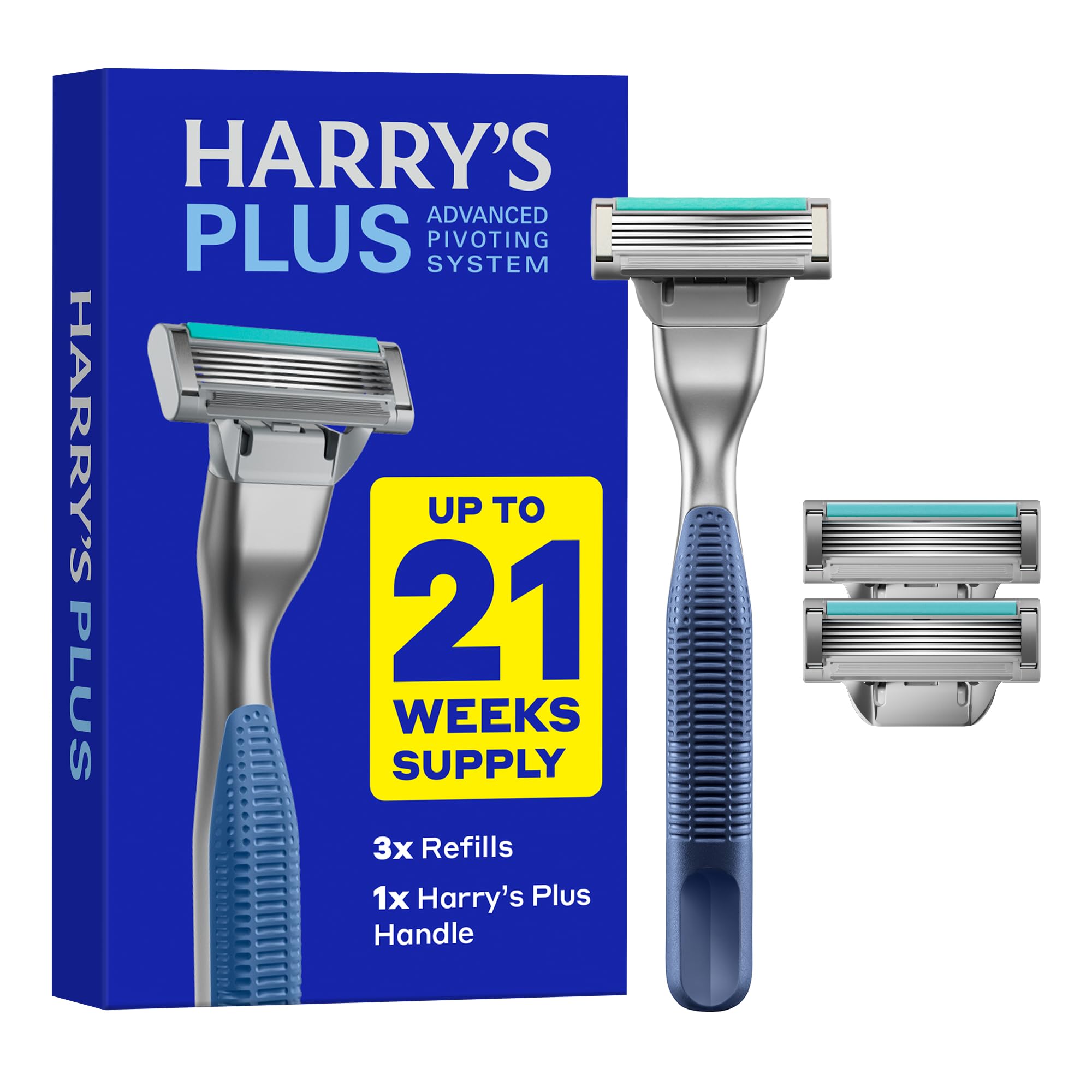 Harry's Plus Razor Shaving Kit for Men - Premium Handle and 3 Razor Blade Cartridges - Advanced Pivoting System - Tide